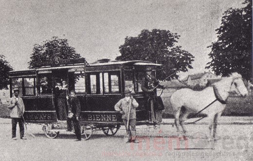 Ein Wagen der Bieler Pferdestrassenbahn, um 1885