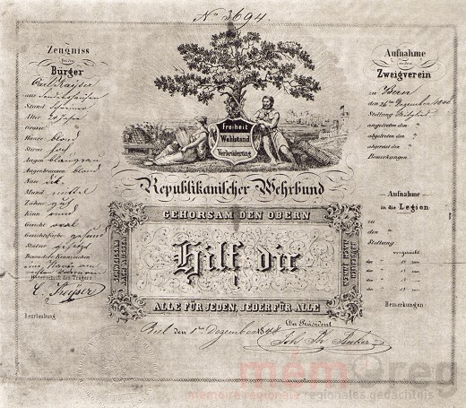 Mitgliedskarte des Republikanischen Wehrbundes, 1848