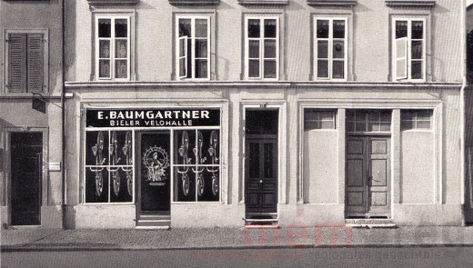 Emil Baumgartners erstes Velogeschäft an der Dufourstrasse 19 in Biel, um 1908