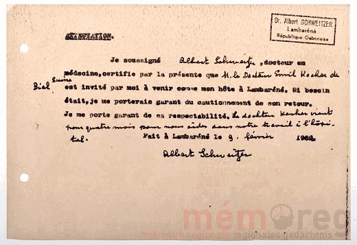 Albert Schweitzers Einladung für Dr. Emil Kocher, 1962