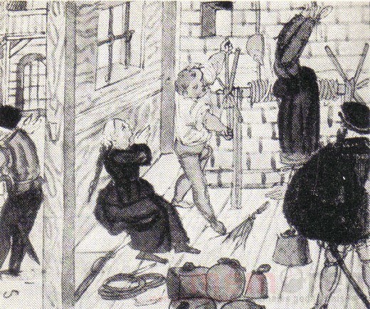 Eine Mutter mit ihrer Tochter, der Hexerei angeklagt, ein Folterknecht und ein Inquisitor