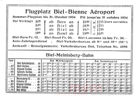 Der Flugplan des Bieler Flugplatzes und der Fahrplan der Biel-Meinisberg-Bahn, 1934
