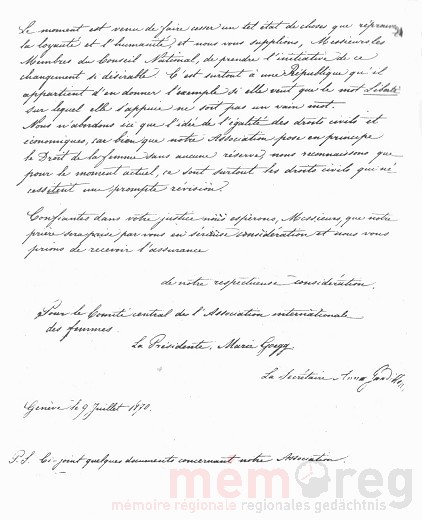 Brief von Marie Goegg an den Nationalrat, 9. Juli 1870