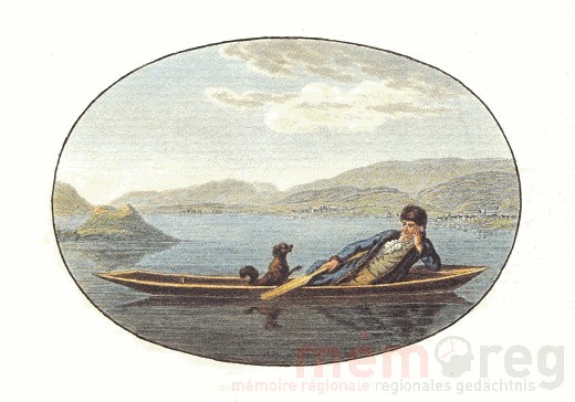 Jean-Jacques Rousseau mit seinem Hund Sultan auf dem Bielersee