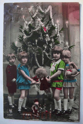 Kinder, Weihnachtsbaum. Weihnachtskarte
