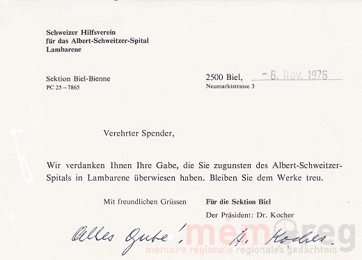 Dr. Emil Kochers Dank an einen Spender