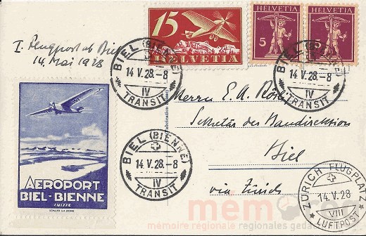 Erste Flugpost ab Flugplatz Biel, 1928