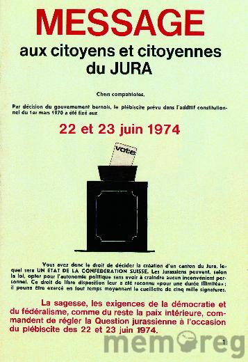Aufruf zur Abstimmung vom 22. und 23. Juni 1974 über die Schaffung eines Kantons Jura