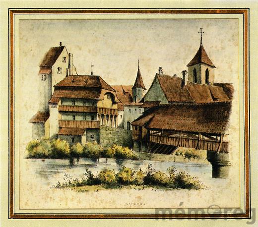 Die hölzerne Stadtbrücke von Aarberg, um 1860