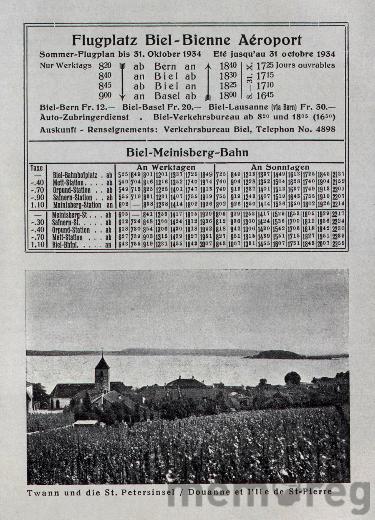 Flugplan für den Flugplatz Biel, 1934