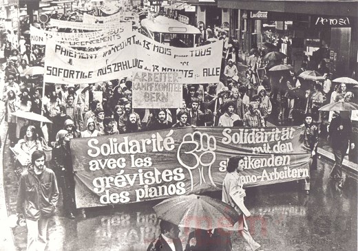 Kundgebung für die Streikenden bei Burger & Jacobi in Biel, 1974